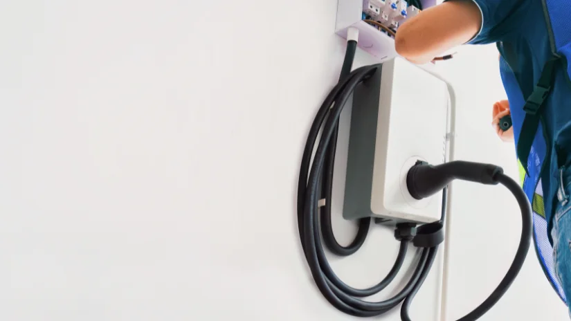 Electrician installing an ev charger in a garage on the wall
