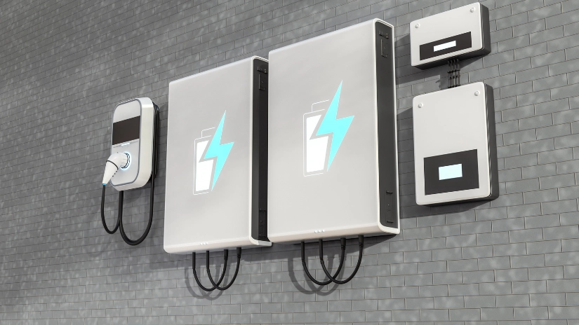 Artist rendering of Solar Batteries home storage with ev charger on wall